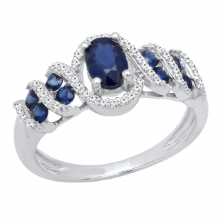 10K White Gold 6X4 MM Oval & Round Cut Blue Sapphire And Round Diamond Ladies Engagement Ring