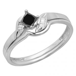 1.03 Carat (ctw) 10K White Gold Princess & Baguette Cut Black & White Diamond Bridal Set 1 CT