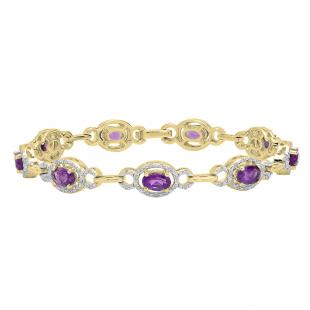 10K Yellow Gold Oval Cut Amethyst & Round Cut White Diamond Ladies Link Tennis Bracelet