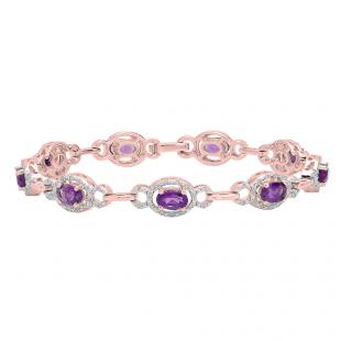 18K Rose Gold Oval Cut Amethyst & Round Cut White Diamond Ladies Link Tennis Bracelet