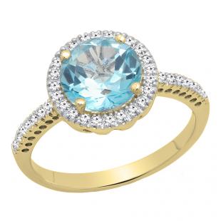 10K Yellow Gold 8 MM Round Cut Blue Topaz & Round Diamond Ladies Halo Style Engagement Ring