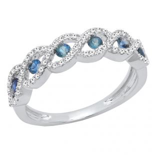 14K White Gold Round Blue Sapphire & Diamond Ladies Bridal Anniversary Wedding Stackable Band