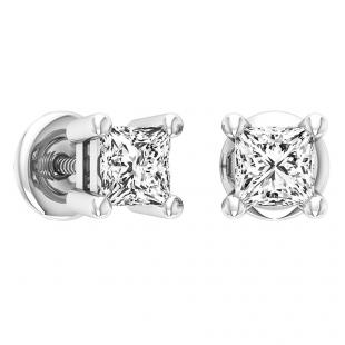 IGI CERTIFIED Princess White Diamond Dainty Men's & Women's (Unisex) Stud Earrings (0.50 ctw Color I-J Clarity I1-I2) in 14K White Gold