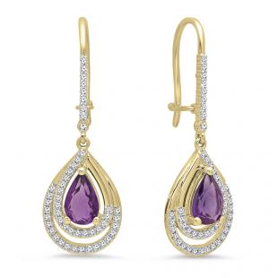 18K Yellow Gold 8X5 MM Each Pear Amethyst & Round White Diamond Ladies Drop Earrings