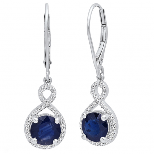 18K White Gold 7 MM Each Round Blue Sapphire & White Diamond Ladies Infinity Drop Earrings