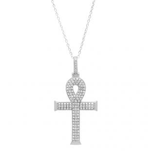1.10 Carat (ctw) 14K White Gold Round Diamond Ankh Cross Pendant 1 CT (Silver Chain Included)