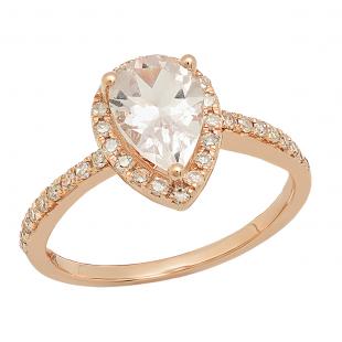 14K Rose Gold 9X6 MM Pear Morganite & Round White Diamond Ladies Halo Engagement Ring