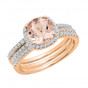 14K Rose Gold 6 MM Round Morganite & White Diamond Ladies Halo Engagement Ring With Double Band Set