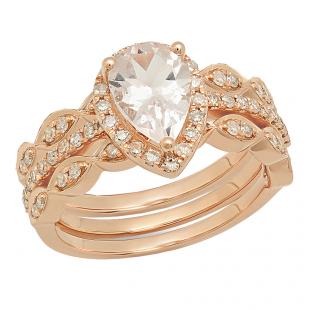 10K Rose Gold 9X6 MM Pear Morganite & Round Diamond Ladies Halo Engagement Ring With Double Band Set
