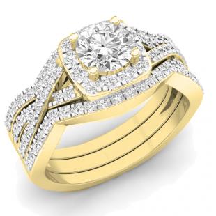 2.05 Carat (ctw) 14K Yellow Gold Round Cubic Zirconia Engagement Ring With Double Band Set 2 CT