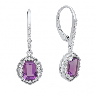 18K White Gold 7X5 MM Each Emerald Amethyst & Round White Diamond Ladies Dangling Drop Earrings