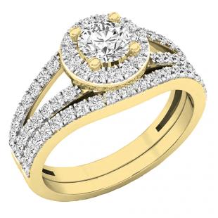 1.10 Carat (ctw) 18K Yellow Gold Round Diamond Split Shank Halo Bridal Engagement Ring Set 1 CT