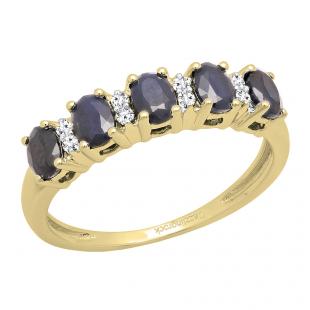 14K Yellow Gold Oval Blue Sapphire & White Diamond 5 Stone Bridal Engagement Ring
