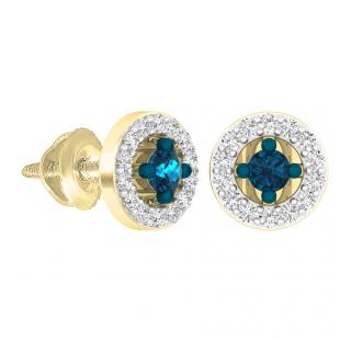 0.25 Carat (ctw) 18K Yellow Gold Round Blue & White Diamond Ladies Halo Stud Earrings 1/4 CT