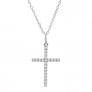 0.06 Carat (ctw) 14K White Gold Round Diamond Ladies Cross Pendant (Silver Chain Included)