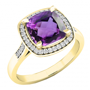14K Yellow Gold 8 MM Cushion Amethyst & Round White Diamond Ladies Bridal Halo Engagement Ring