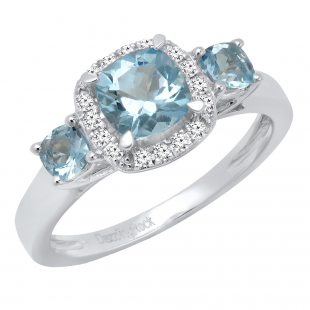 14K White Gold Cushion Aquamarine & Round Diamond Bridal 3 Stone Engagement Ring