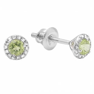 14K White Gold 3 MM Round Peridot & White Diamond Ladies Halo Stud Earrings