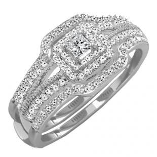 0.75 Carat (ctw) 14K White Gold Princess & Round Diamond Ladies Halo Engagement Ring Set 3/4 CT