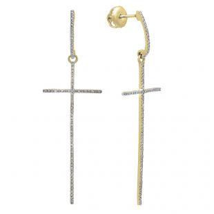 0.20 Carat (ctw) 14K Yellow Gold Round Diamond Ladies Cross Shaped Dangling Drop Earrings 1/5 CT