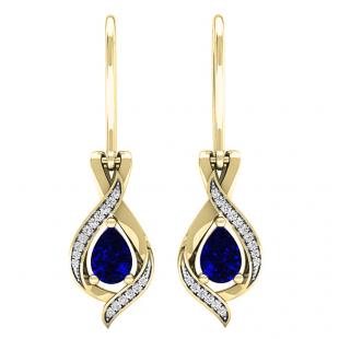 18K Yellow Gold 7X5 MM Each Pear Blue Sapphire & Round White Diamond Ladies Dangling Drop Earrings