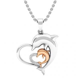 0.05 Carat (ctw) Rose Gold Plated Sterling Silver Round Diamond Ladies Double Dolphin Heart Pendant