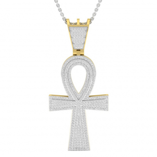 0.95 Carat (ctw) 14K Yellow Gold Round Diamond Ankh Mens Cross Pendant 1 CT (Silver Chain Included)