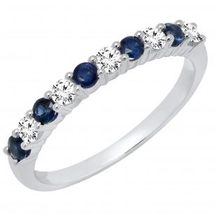 Round Blue Sapphire & White Diamond Ladies Stackable Anniversary Wedding Band | 14K White Gold