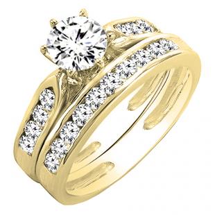 1.15 Carat (ctw) 14K Yellow Gold Round Diamond Ladies Bridal Engagement Ring Set With Matching Band