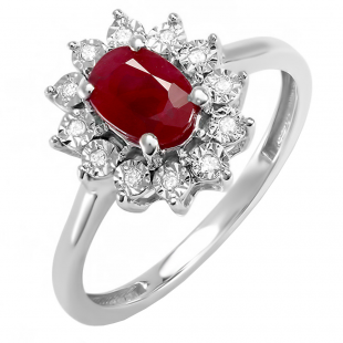 18K White Gold 8X6 MM Oval Ruby & Round White Diamond Ladies Bridal Starburst Frame Engagement Ring