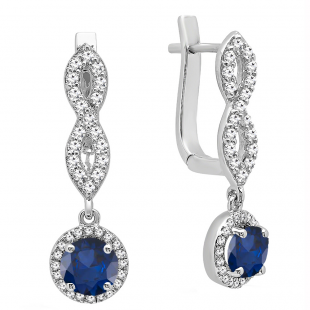14K White Gold 6 MM Each Round Blue Sapphire & Diamond Ladies Infinity Halo Dangling Drop Earrings