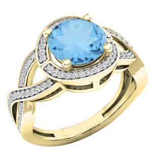 18K Yellow Gold 8 MM Round Blue Topaz & White Diamond Ladies Split Shank Engagement Ring