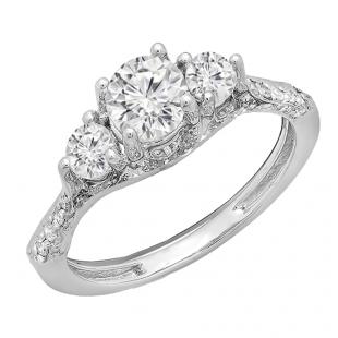 1.30 Carat (Ctw) 14K White Gold Round White Diamond 3 Stone Ladies Bridal Engagement Ring