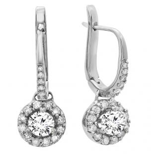 1.22 Carat (ctw) 18K White Gold Round White Diamond Ladies Halo Style Dangling Drop Earrings