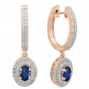 18K Rose Gold 6X4 MM Each Oval Blue Sapphire & Round Diamond Ladies Halo Dangling Drop Earrings