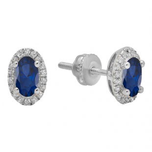 10K White Gold 6X4 MM Each Oval Blue Sapphire & Round White Diamond Ladies Halo Stud Earrings