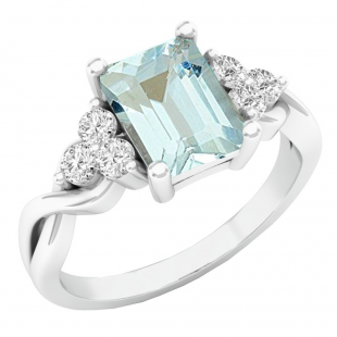 Sterling Silver 8X6 MM Emerald Cut Aquamarine & Round White Sapphire Ladies Halo Engagement Ring
