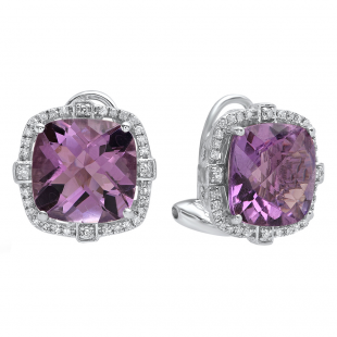 Sterling Silver 10 MM Each Cushion Amethyst & Diamond Ladies Stud Earrings