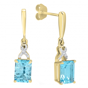14K Yellow Gold 7X5 MM Each Emerald Cut Blue Topaz & Diamond Ladies Dangling Drop Earrings