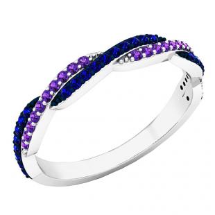 18K White Gold Round Amethyst & Blue Sapphire Ladies Anniversary Wedding Swirl Stackable Band