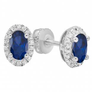 14K White Gold 7X5 MM Each Oval Blue Sapphire & Round White Diamond Ladies Halo Stud Earrings