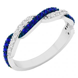 14K White Gold Round Blue Sapphire & White Diamond Ladies Wedding Swirl Stackable Band