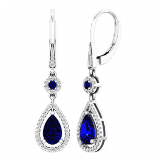 14K White Gold 8X5 MM Each Round & Pear Blue Sapphire & Round Diamond Ladies Dangling Drop Earrings