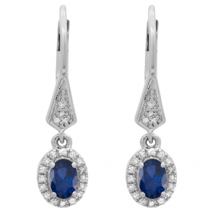 10K White Gold 6X4 MM Each Oval Blue Sapphire & Round Diamond Ladies Halo Dangling Drop Earrings
