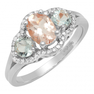 18K White Gold Oval Morganite Round Aquamarine & White Diamond Bridal 3 Stone Engagement Ring