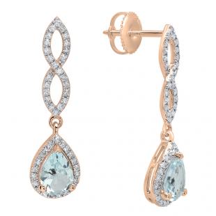 18K Rose Gold 7X5 MM Each Pear Aquamarine & Round Diamond Ladies Infinity Dangling Drop Earrings