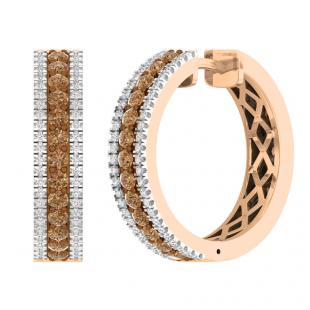1.05 Carat (ctw) 14K Rose Gold Round Champagne & White Diamond Ladies Huggies Hoop Earrings 1 CT