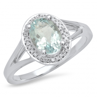 10K White Gold 8X6 MM Oval Aquamarine & Round White Diamond Halo Style Bridal Engagement Ring