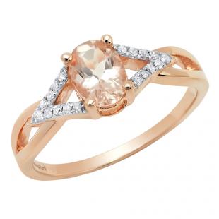10K 7X5 MM Rose Gold Round Morganite & White Diamond Ladies Swirl Split Shank Bridal Halo Engagement Ring