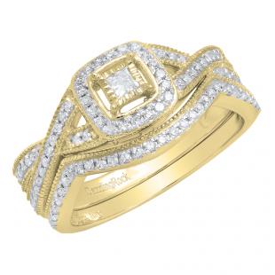0.40 Carat (ctw) 10K Yellow Gold Round & Princess Diamond Ladies Split Shank Engagement Ring Set